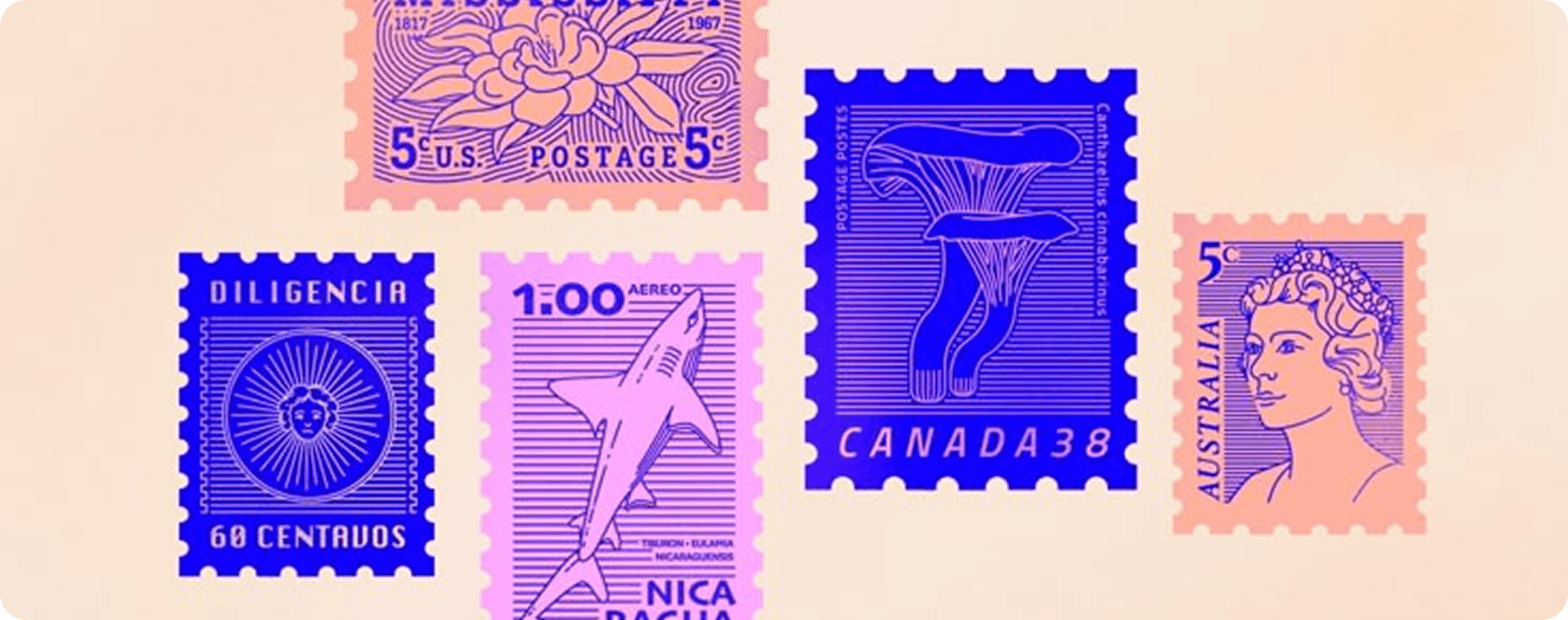 Collage of vintage postage stamp illustrations