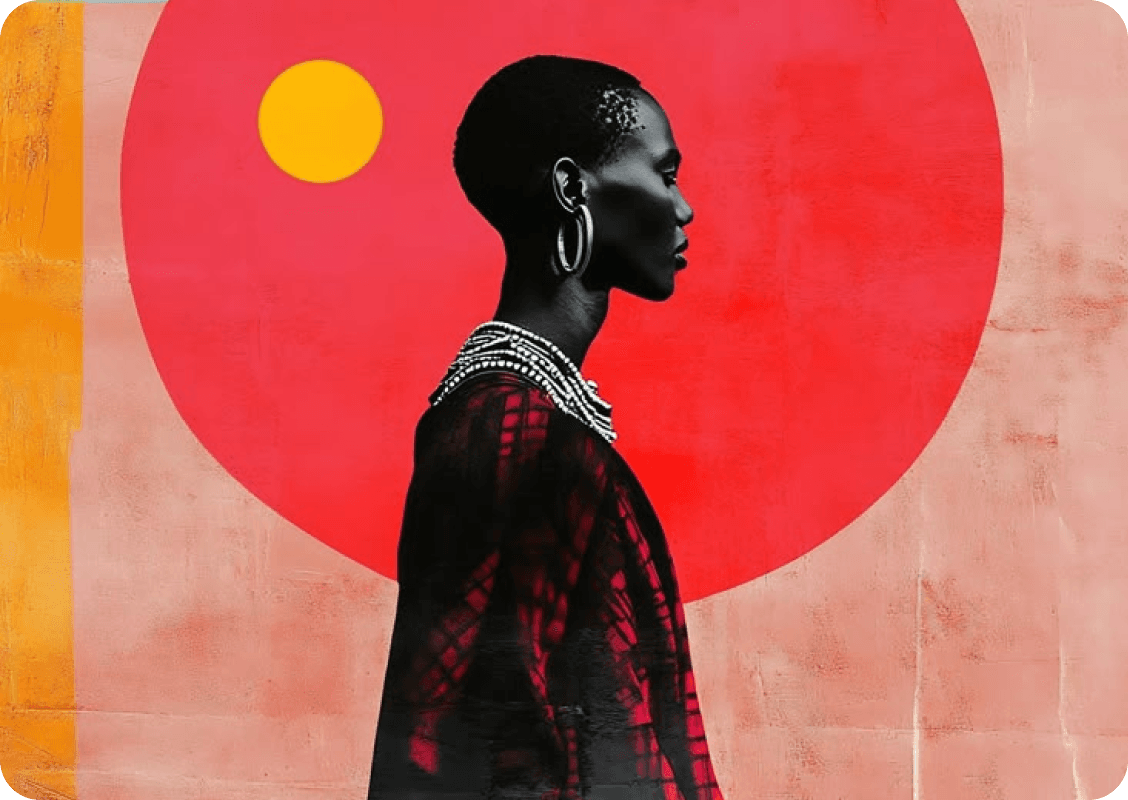 Illustrated portrait with bold red circle and coral accents